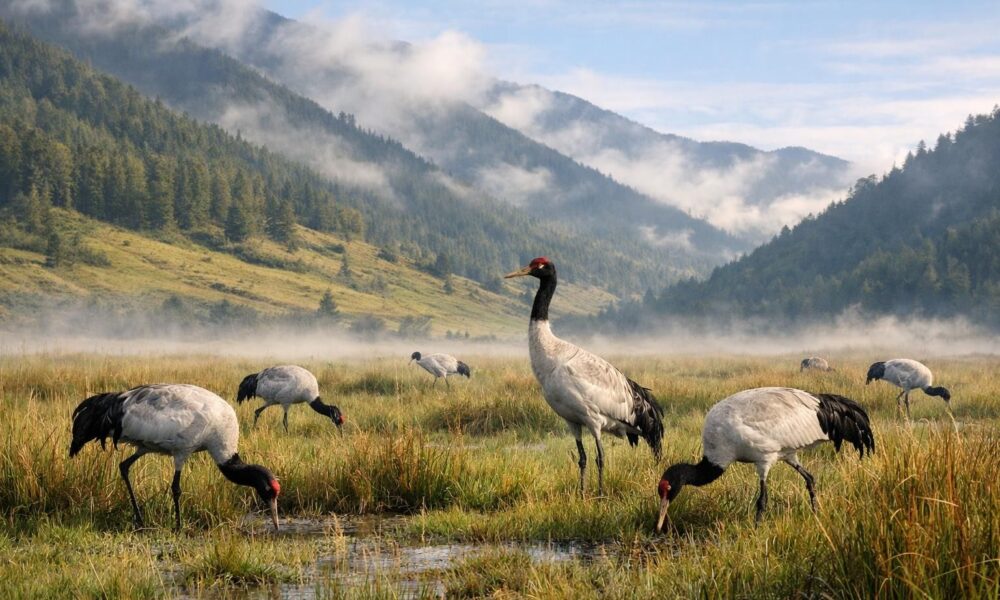 découvrez la beauté naturelle en observant les grues à cou noir dans la vallée sauvage de gangtey, un spectacle unique au cœur d'un paysage préservé.
