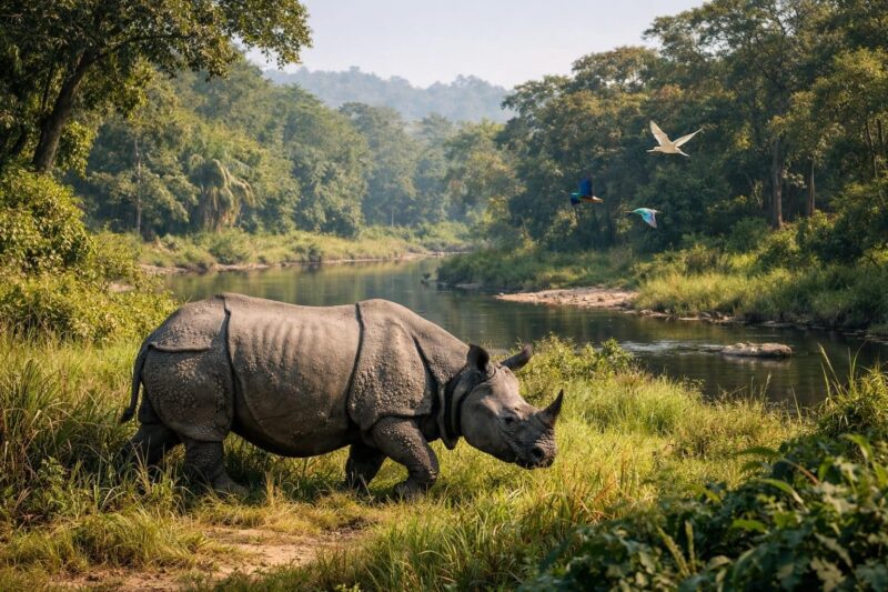 découvrez un safari unique au népal dans le parc de chitwan, à la rencontre des rhinocéros unicornes et d'une faune sauvage exceptionnelle.