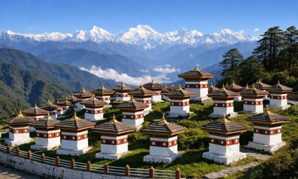 découvrez le col de dochula et ses 108 stupas majestueux offrant une vue imprenable sur le panorama spectaculaire de l'himalaya. un lieu unique alliant spiritualité et nature.