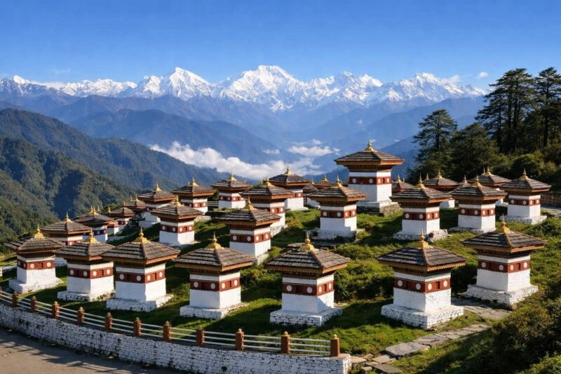 découvrez le col de dochula et ses 108 stupas majestueux offrant une vue imprenable sur le panorama spectaculaire de l'himalaya. un lieu unique alliant spiritualité et nature.