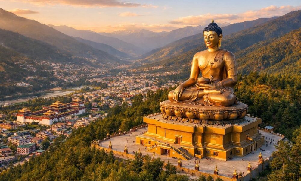 découvrez thimphu vue d'en haut et admirez l'imposante statue du bouddha dordenma, symbole de paix et de spiritualité au bhoutan.