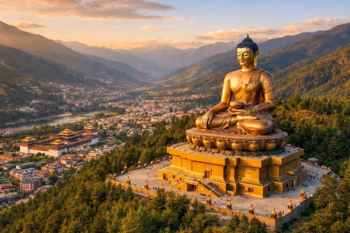 découvrez thimphu vue d'en haut et admirez l'imposante statue du bouddha dordenma, symbole de paix et de spiritualité au bhoutan.