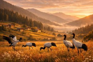 découvrez la vallée de phobjikha, un lieu enchanteur où vous pouvez observer les majestueuses grues à cou noir dans un cadre naturel idyllique.